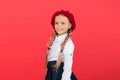 Learning french. happy child in uniform. little girl in french beret. Education abroad. kid fashion. International