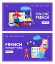Learning French language online vector illustration, cartoon flat human hand holding smartphone, mobile education course Royalty Free Stock Photo