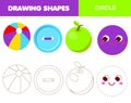 Learning geometric shapes for kids. Circle. Handwriting practice figures and forms. Educational worksheet for children and