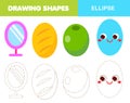 Learning geometric shapes for kids. Ellipse, oval. Handwriting practice figures and forms. Educational worksheet for children and