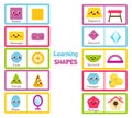 Learning geometric shapes for kids. Set of flashcards wtih forms and objects. Educational material for children, kids, toddlers Royalty Free Stock Photo