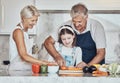 Learning, grandparents or girl cooking as a happy family in a house kitchen with organic vegetables for dinner Royalty Free Stock Photo