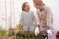 Learning, happy mother and kid gardening with plants, help or family bonding together outdoor in summer. Mom, girl and Royalty Free Stock Photo