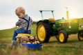 Learning about hard work the fun way. an adorable little boy carting stuffed animals in a toy truck around a farm.