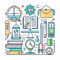 Learning icons, educational tools, books, math, time, technology. Flat vector style Royalty Free Stock Photo
