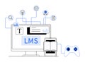Learning Management System Concept with Computer, Book, Icons and Game Controller Royalty Free Stock Photo