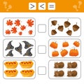 Learning mathematics, numbers - choose more, less or equal. Tasks for children