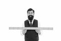 Learning metric system. School teacher. Size really matters. Man bearded hipster holding ruler. Measure length. Measure