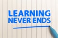 Learning Never Ends, text words typography written on paper, educational life and business motivational inspirational