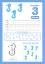 Learning number 3. Many games on one a4 page for kids education Royalty Free Stock Photo