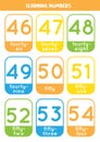 Learning numbers cards from 46 to 54. Colorful flashcards.