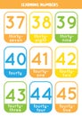 Learning numbers cards from 37 to 45. Colorful flashcards.