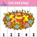 Learning numbers 1-5. Cut and play. Education worksheet. Game for kids. Color activity page. Puzzle for children. Riddle for