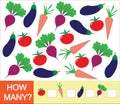 Learning numbers, mathematics, counting game for children. How many vegetables tomato, beet, eggplant, carrot. Vector illustrati