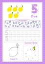 Learning numbers. Number 5. Trace, color, dot to dot on one page