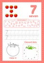 Learning numbers. Number 7. Trace, color, dot to dot on one page