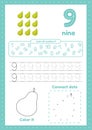 Learning numbers. Number 9. Trace, color, dot to dot on one page Royalty Free Stock Photo