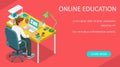 Learning online at home. Student sitting at desk and looking at laptop. E-learning banner. Web courses or tutorials concept. Dista