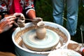 Learning pottery craft. Master class for clay modeling. Earthenware jug making Royalty Free Stock Photo