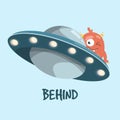 Learning preposition behind vector isolated. Alien and UFO