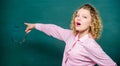 Learning progress. Woman school teacher chalkboard background. School staff concept. Developing cognitive process. Learn