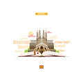 Learning spanish. Illustration with the image of an open book, cathedral and Spanish words and expressions.