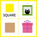 Learning square form. Frame picture, gift box and biscuit. Educational cards for kids. Flat design.