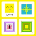 Learning square form shape. Smiling face. Cute cartoon character Frame picture butterfly, gift box bow, pillow set. Educational ca