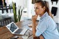 Learning, Studying. Woman Using Laptop Computer At Cafe, Working Royalty Free Stock Photo