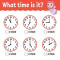 Learning time on the clock. Educational activity worksheet for kids and toddlers. Game for children. Simple flat isolated vector Royalty Free Stock Photo