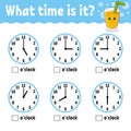 Learning time on the clock. Educational activity worksheet for kids and toddlers. Glass juice. Game for children. Simple flat