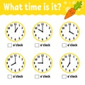 Learning time on the clock. Educational activity worksheet for kids and toddlers. Vegetable carrot. Game for children. Simple flat