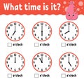 Learning time on the clock. Educational activity worksheet for kids and toddlers. Wash detergent. Game for children. Simple flat