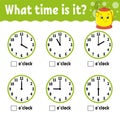 Learning time on the clock. Kitchen kettle. Educational activity worksheet for kids and toddlers. Game for children. Simple flat