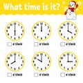 Learning time on the clock. Winter theme. Educational activity worksheet for kids and toddlers. Game for children. Simple flat Royalty Free Stock Photo