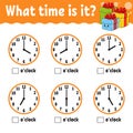 Learning time on the clock. Winter theme. Educational activity worksheet for kids and toddlers. Game for children. Simple flat Royalty Free Stock Photo