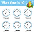 Learning time on the clock. Winter theme. Educational activity worksheet for kids and toddlers. Game for children. Simple flat Royalty Free Stock Photo