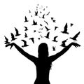 Learning to fly concept with silhouettes of woman and birds
