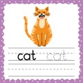 Learning to write words flashcard. Three letters word - Cat. Tracing exercise flash card