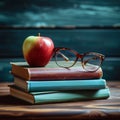 Learning tools Glasses, books, apple on table, classroom atmosphere Royalty Free Stock Photo