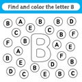 Learning worksheets for kids, find and color letters. Educational game to recognize the shape of the alphabet. Letter B Royalty Free Stock Photo