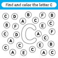 Learning worksheets for kids, find and color letters. Educational game to recognize the shape of the alphabet. Letter C Royalty Free Stock Photo