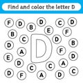Learning worksheets for kids, find and color letters. Educational game to recognize the shape of the alphabet. Letter D Royalty Free Stock Photo