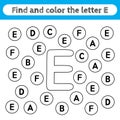 Learning worksheets for kids, find and color letters. Educational game to recognize the shape of the alphabet. Letter E Royalty Free Stock Photo