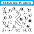 Learning worksheets for kids, find and color letters. Educational game to recognize the shape of the alphabet. Letter K Royalty Free Stock Photo