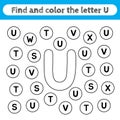 Learning worksheets for kids, find and color letters. Educational game to recognize the shape of the alphabet. Letter U Royalty Free Stock Photo