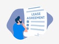 Lease agreement illustration concept. Buyer reading before signing house purchase contract. Understand lease terms and Royalty Free Stock Photo