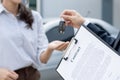 lease, rental car, sell, buy. Dealership send contract and car keys to new owner to sign. Sales, loan credit financial, rent Royalty Free Stock Photo