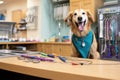 a leashed dog waiting next to an operations table with pet therapy equipment