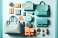 Leather Accessories Blue Women Handbag Purse On Light Background